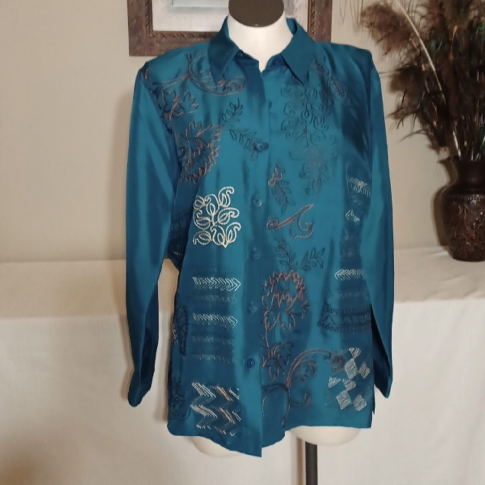 Sz XL Vintage Silk Embroidered Blouse by Christina Hope